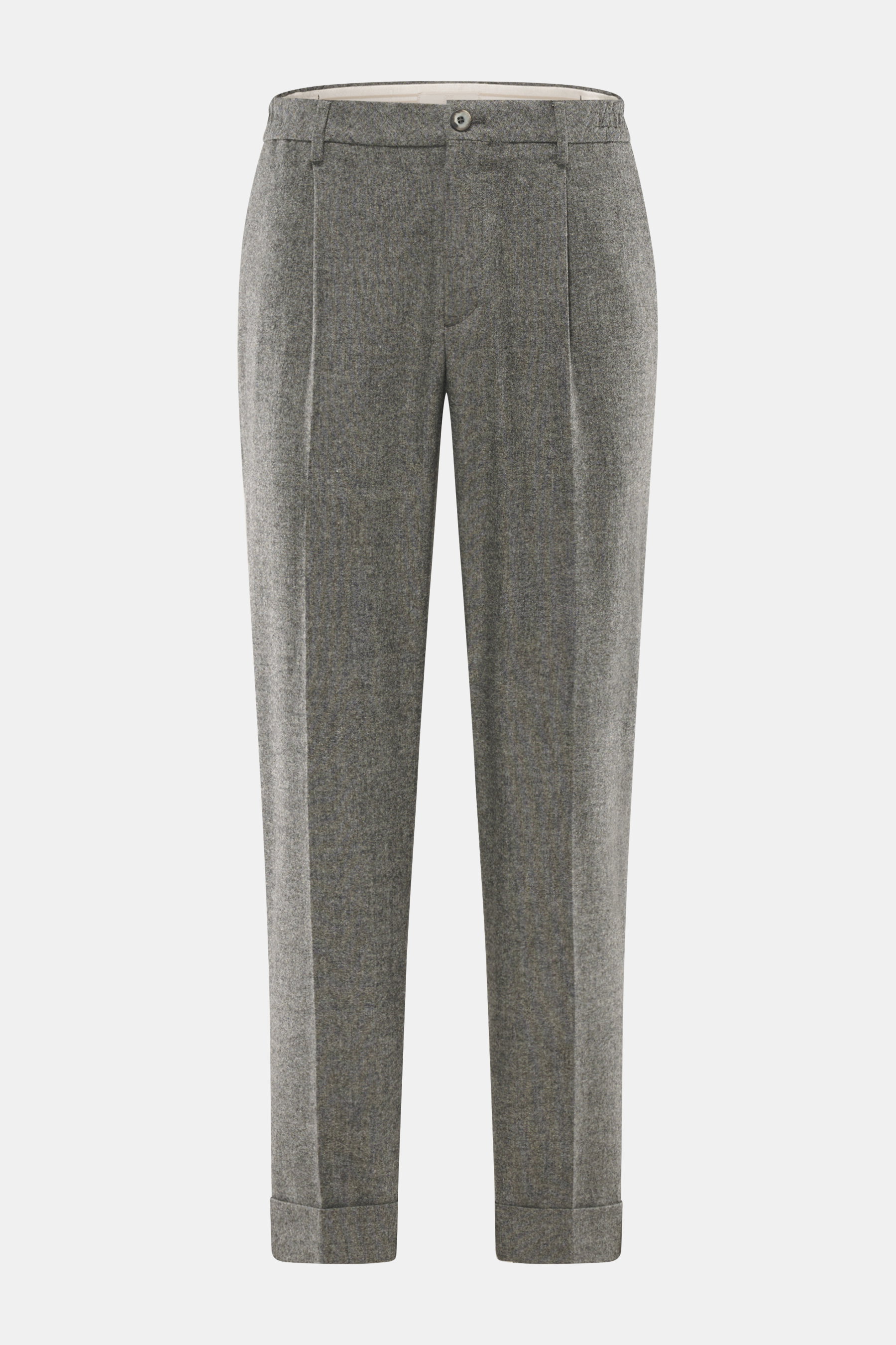 Front view of GTA Trousers 'Dennis' grey melange made of wool, viscose, microfiber mix with elastic quality, soft touch, tapered fit, regular thigh width, ankle-length, narrow tapering, zipper and waistband button, inner elastic band, French pockets, smal