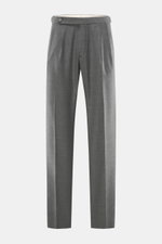 Front view of GTA Wool trousers 'Herrick' dark grey melange, made from lightly elastic virgin wool with soft touch, regular fit, low rise, zipper and waistband button, elastic insert in waistband, side adjuster, double waistband pleat, French pockets, sma