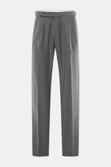 Front view of GTA Wool trousers 'Herrick' dark grey melange, made from lightly elastic virgin wool with soft touch, regular fit, low rise, zipper and waistband button, elastic insert in waistband, side adjuster, double waistband pleat, French pockets, sma