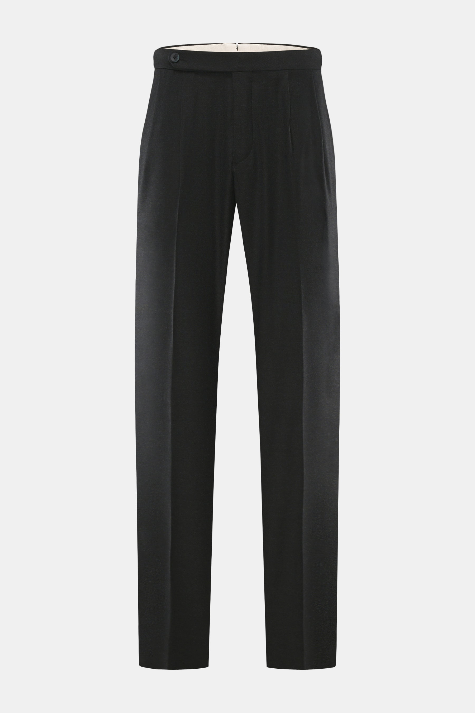 GTA Wollhose 'Herrick' anthrazit meliert, Frontansicht, Regular Fit, leichte elastische Schurwolle, weicher Griff, niedrige Bundhöhe, Reißverschluss, Bundknopf, elastischer Bund, Side Adjuster, doppelte Bundfalte, französische Taschen, Logo-Detail, Gesäßt