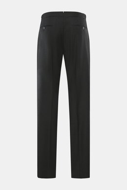 GTA Wollhose 'Herrick' anthrazit meliert, Rückansicht, aus leicht elastischer Schurwolle, weicher Griff, Regular Fit, niedrige Bundhöhe, Reißverschluss, Bundknopf, elastischer Einsatz, Side Adjuster, doppelte Bundfalte, französische Taschen, Logo-Detail, 