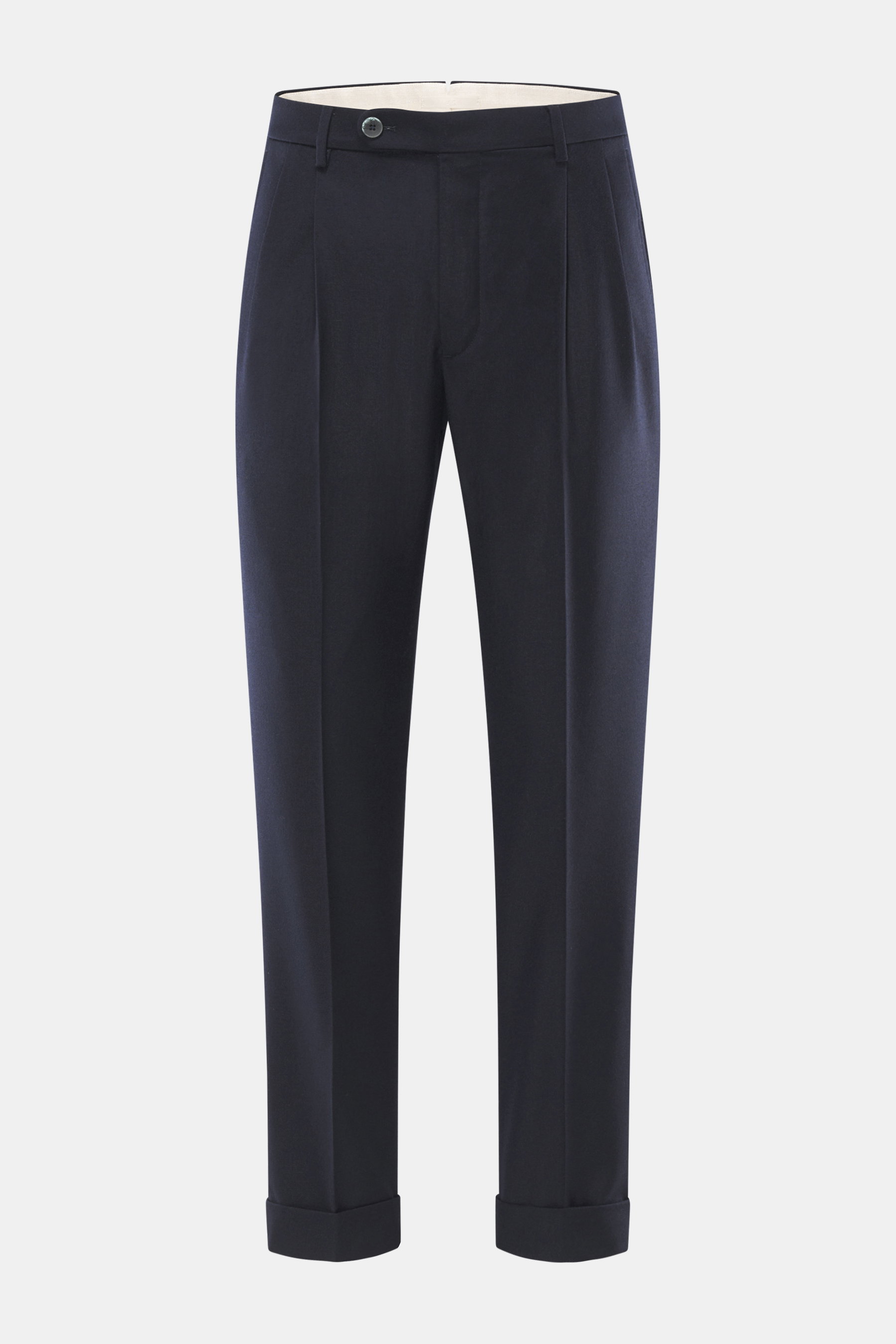 GTA Wollhose 'Luca' navy, frontale Nahaufnahme, knöchellang, Tapered Fit, Schurwolle mit Waist Comfort Band, Bügelfalte, fixierter Saumaufschlag.