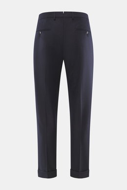 Rückansicht der GTA Wollhose 'Luca' navy aus edler Schurwolle mit Waist Comfort Band, doppelte Bundfalte und fixiertem Saumaufschlag.