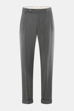 Front view of GTA Wool Pants 'Luca' grey melange, cropped ankle length, tapered fit, double waistband pleat, piped back pockets.