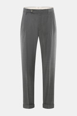 Front view of GTA Wool Pants 'Luca' grey melange, cropped ankle length, tapered fit, double waistband pleat, piped back pockets.