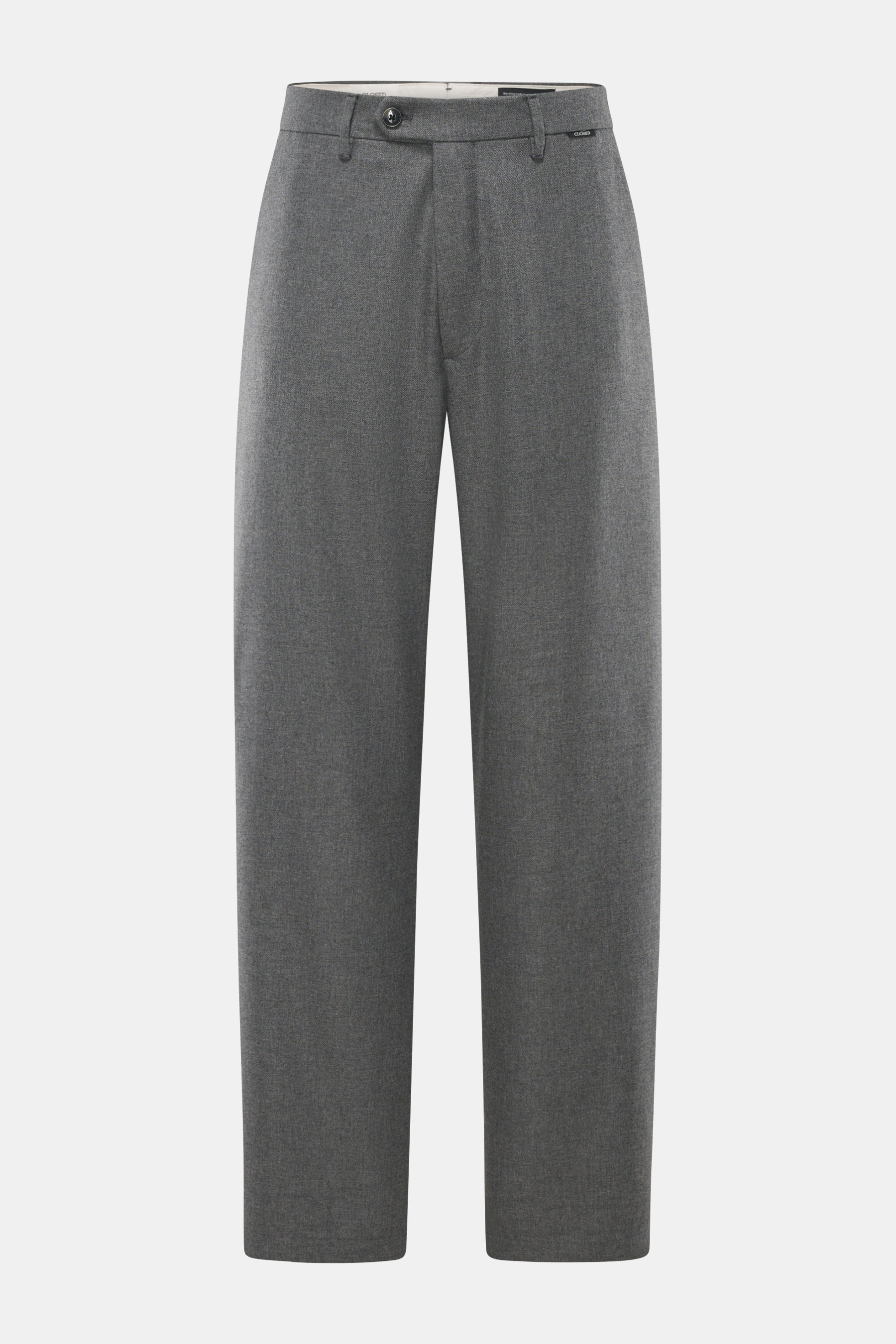 Closed Hose 'Fairport' grau meliert, Frontansicht, Regular Fit mit geradem Schnitt, Mix aus Wolle, Viskose, Microfaser, weicher Griff, Reißverschluss, Bundknopf, französische Taschen, Gesäßtaschen mit geknöpfter Patte, typisches CLOSED-Weblabel.