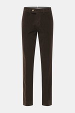Front view of Hiltl Corduroy pants 'Parma' dark brown, corduroy made of cotton with soft touch, regular fit, slightly tapered, zip fly and waistband hook, French pockets, back pockets with button.