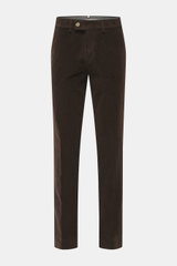 Front view of Hiltl Corduroy pants 'Parma' dark brown, corduroy made of cotton with soft touch, regular fit, slightly tapered, zip fly and waistband hook, French pockets, back pockets with button.