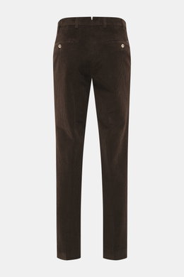 Hiltl Corduroy pants 'Parma' dark brown shown from the back, corduroy made of cotton, soft touch, regular fit, slightly tapered, zip fly and waistband hook, French pockets, back pockets with button.