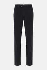Front view of Hiltl Corduroy pants 'Parma' navy in cotton corduroy with soft feel, regular fit, slightly tapered, zip fly and waistband hook, French pockets, and back pockets with button.