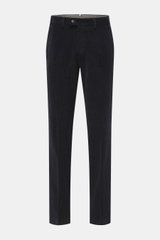 Front view of Hiltl Corduroy pants 'Parma' navy in cotton corduroy with soft feel, regular fit, slightly tapered, zip fly and waistband hook, French pockets, and back pockets with button.
