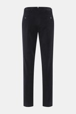 Back view of Hiltl Corduroy pants 'Parma' navy in cotton corduroy with soft feel, regular fit, slightly tapered, zip fly, waistband hook, French pockets, and buttoned back pockets.