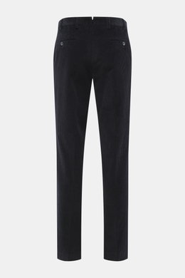 Back view of Hiltl Corduroy pants 'Parma' navy in cotton corduroy with soft feel, regular fit, slightly tapered, zip fly, waistband hook, French pockets, and buttoned back pockets.