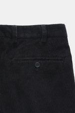 Close-up rear view of Hiltl Corduroy pants 'Parma' navy, featuring cotton corduroy, soft feel, regular fit, slightly tapered, zip fly and waistband hook, French pockets, and back pockets with button.