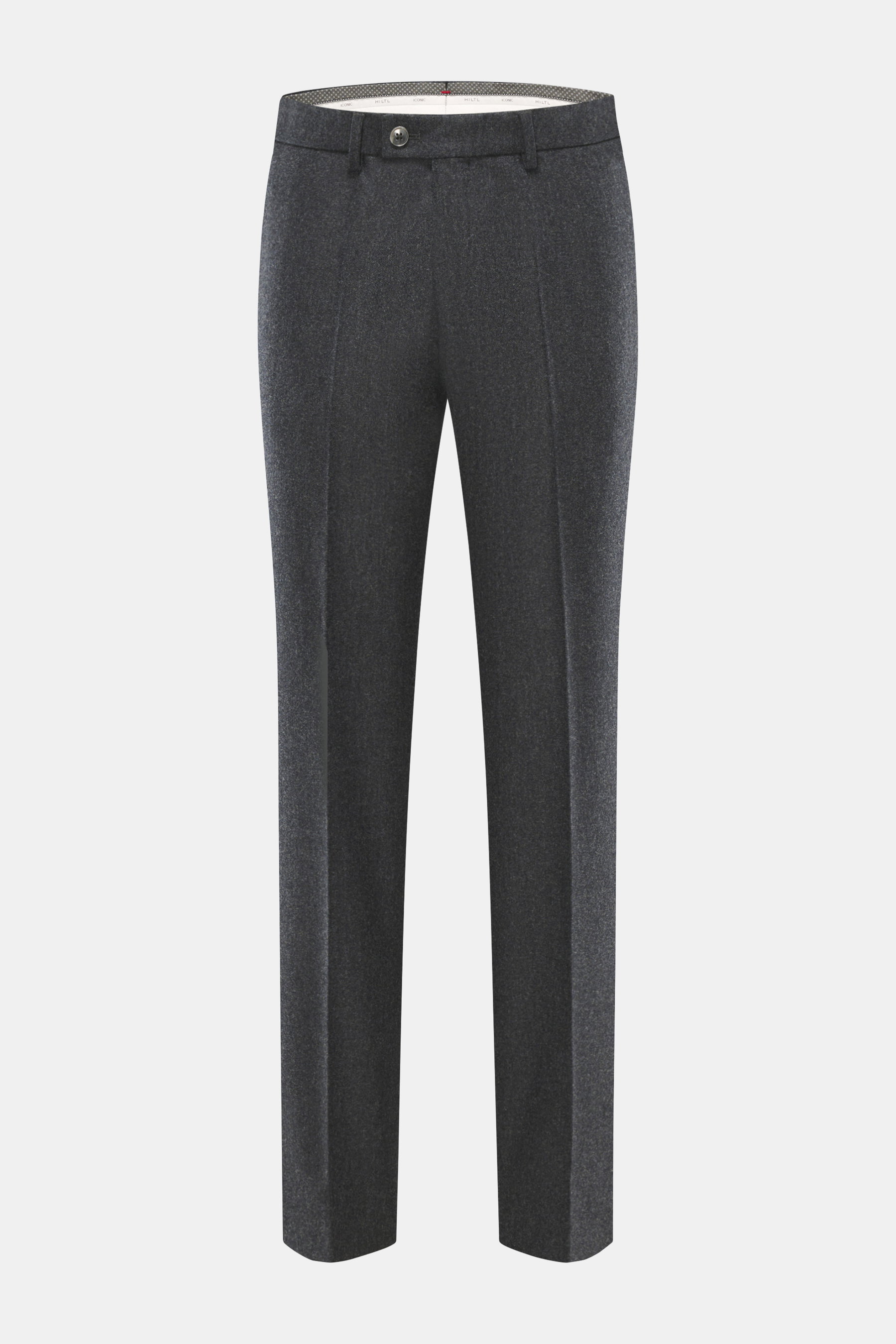 Hiltl Wollhose 'Piacenza' dunkelgrau meliert, Frontansicht, reine feinste Wolle, weicher Griff, Regular Fit, gerader Schnitt, Reißverschluss, Bundknopf, französische Taschen, schmale paspelierte Gesäßtasche mit Knopf, offene Länge.