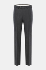 Hiltl Wollhose 'Piacenza' dunkelgrau meliert, Frontansicht, reine feinste Wolle, weicher Griff, Regular Fit, gerader Schnitt, Reißverschluss, Bundknopf, französische Taschen, schmale paspelierte Gesäßtasche mit Knopf, offene Länge.