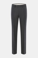 Hiltl Wollhose 'Piacenza' dunkelgrau meliert, Frontansicht, reine feinste Wolle, weicher Griff, Regular Fit, gerader Schnitt, Reißverschluss, Bundknopf, französische Taschen, schmale paspelierte Gesäßtasche mit Knopf, offene Länge.