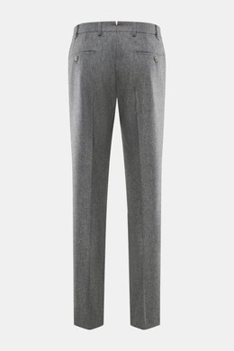 Hiltl Wollhose 'Piacenza' grau meliert, Rückansicht, reine feinste Wolle, weicher Griff, Regular Fit, gerader Schnitt, Reißverschluss, Bundknopf, französische Taschen, schmal paspelierte Gesäßtasche mit Knopf, offene Länge