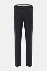 Hiltl Wollhose 'Piacenza' navy frontal fotografiert, reine feinste Wolle, weicher Griff, Regular Fit, gerader Schnitt, Reißverschluss, Bundknopf, französische Taschen, schmale paspelierte Gesäßtasche mit Knopf, offene Länge.