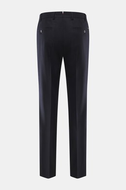 Hiltl Wollhose 'Piacenza' navy, Rückansicht, reine feinste Wolle, weicher Griff, Regular Fit, gerader Schnitt, Reißverschluss, Bundknopf, französische Taschen, schmale paspelierte Gesäßtasche mit Knopf, offene Länge.