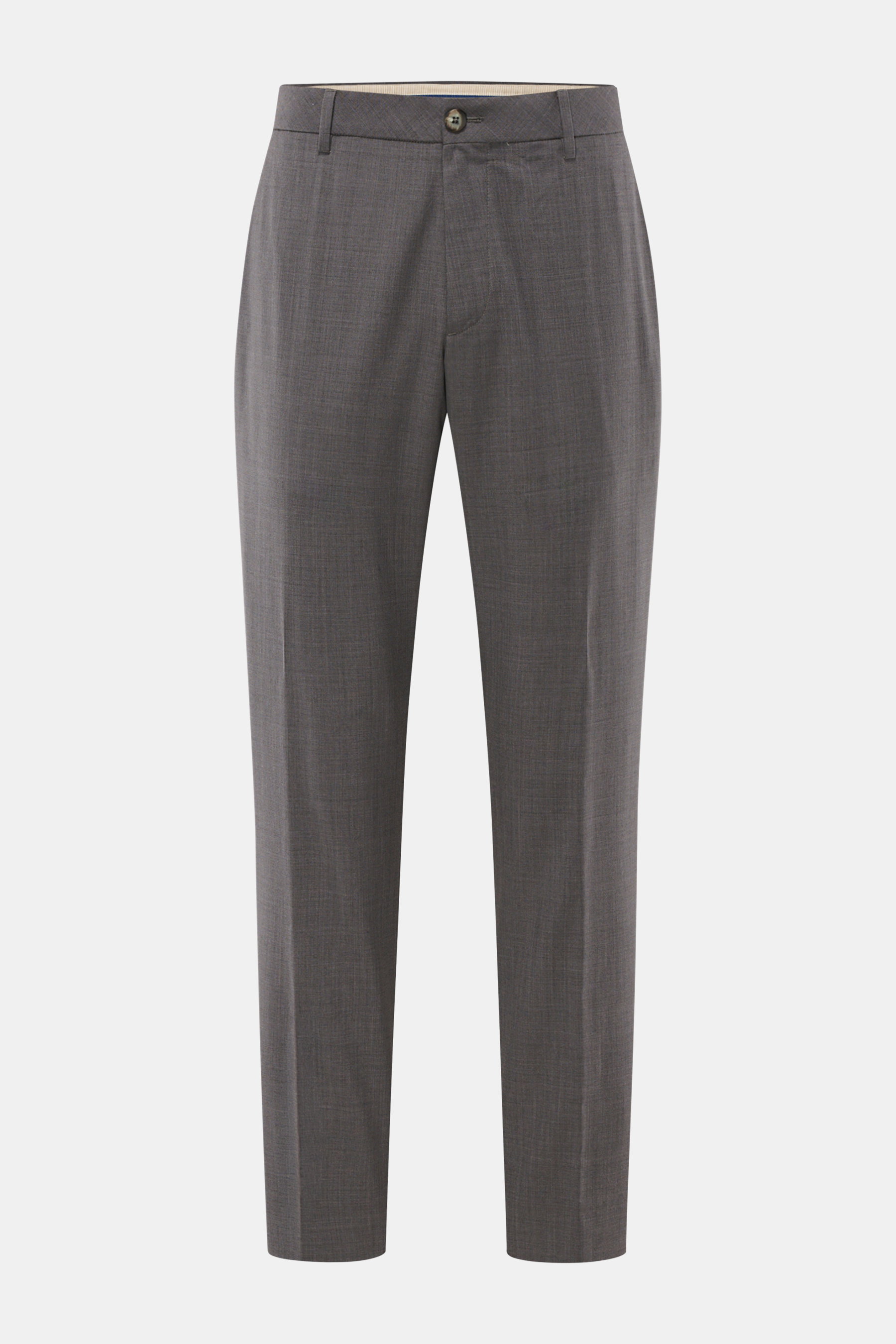 Front view of GTA Wollhose 'Davide' dunkelgrau meliert, a classic office pant in dark grey melange pure new wool with tapered fit, smooth texture, regular thigh width, shortened leg length, zipper and button closure, elastic inner band, French pockets, ba