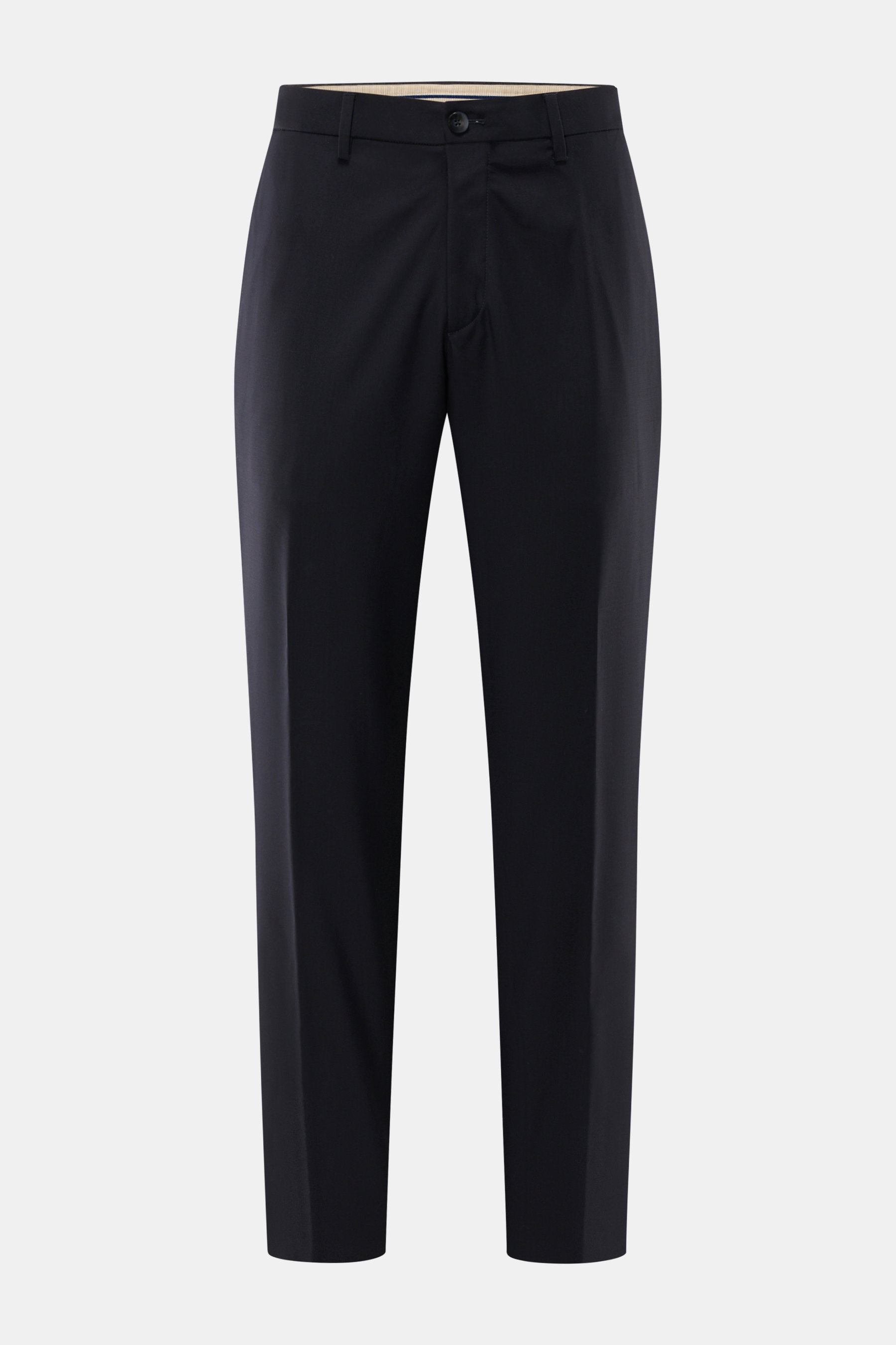Front view of GTA Wollhose 'Davide' dark navy, a classic office pant made of pure virgin wool, tapered fit, regular thigh width, cropped length, with zipper, button, elastic waistband inside, French pockets, back pockets with button, smooth texture, light