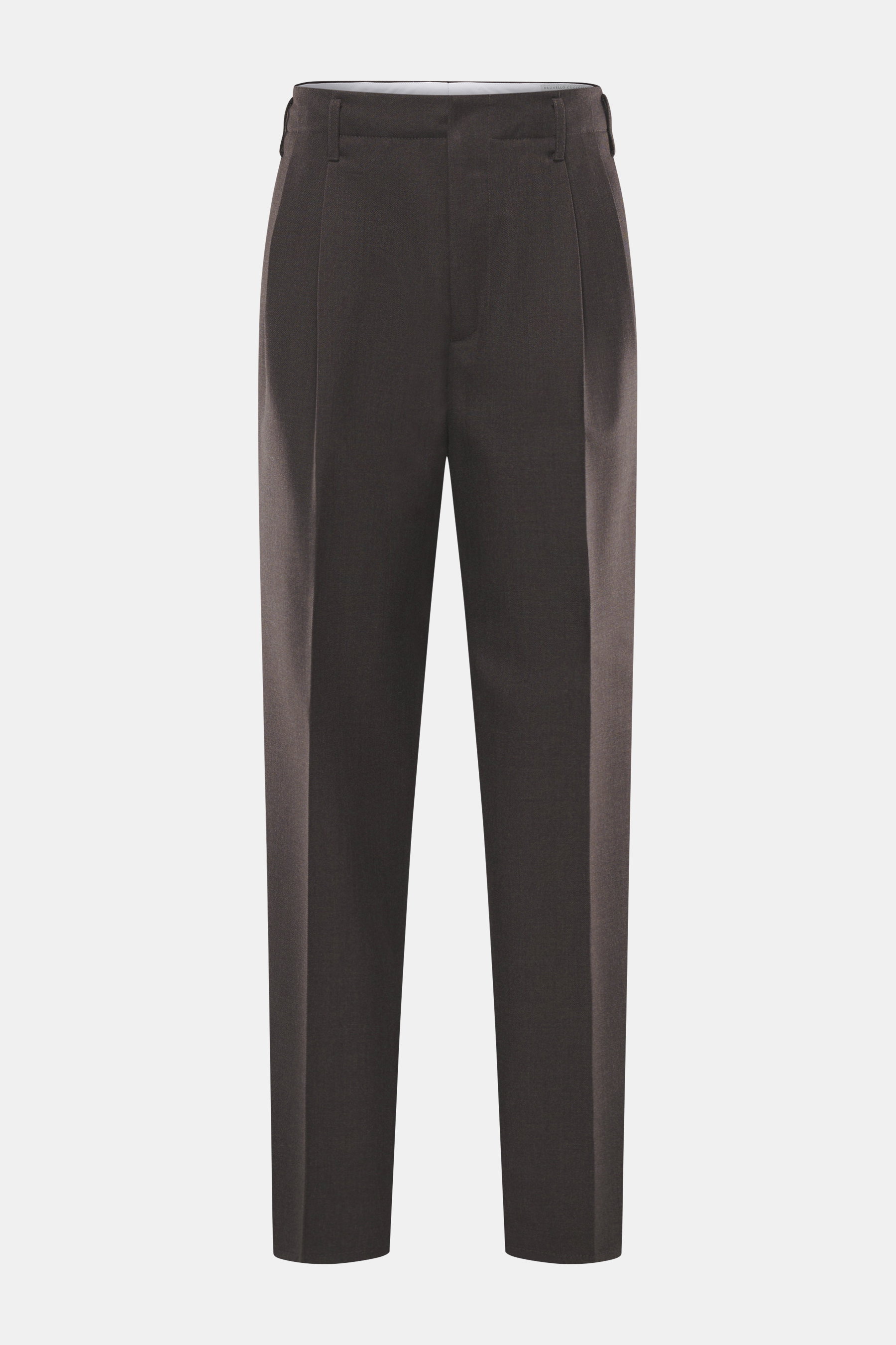 Brunello Cucinelli Wollhose dunkelbraun, frontale Nahaufnahme, Twill aus reiner Schurwolle, griffige Haptik, Regular Fit, schmal zulaufend, Reißverschluss, Bundknopf, doppelte Bundfalte, Taschen in Seitennaht, Gesäßtaschen mit Patte.