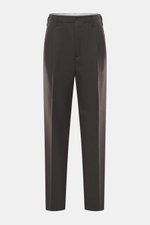 Front view of Brunello Cucinelli Wool Trousers Dark Brown, twill pure new wool, grippy texture, regular fit, slightly tapered, zipper and waistband button, double waistband pleat, side seam pockets, back pockets with flap.
