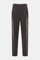 Front view of Brunello Cucinelli Wool Trousers Dark Brown, twill pure new wool, grippy texture, regular fit, slightly tapered, zipper and waistband button, double waistband pleat, side seam pockets, back pockets with flap.