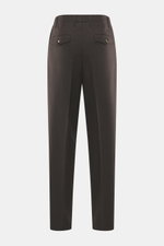 Brunello Cucinelli Wool Trousers Dark Brown shown from the back, regular fit, slightly tapered, twill pure new wool with grippy texture, zipper and waistband button, double waistband pleat, side seam pockets, back pockets with flap.