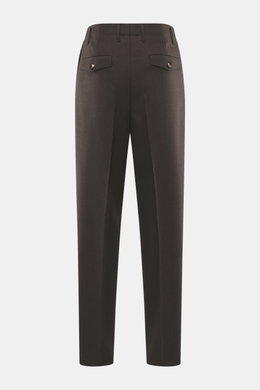 Brunello Cucinelli Wool Trousers Dark Brown shown from the back, regular fit, slightly tapered, twill pure new wool with grippy texture, zipper and waistband button, double waistband pleat, side seam pockets, back pockets with flap.