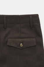 Close-up front view of Brunello Cucinelli Wool Trousers Dark Brown featuring twill made of pure new wool, grippy texture, regular fit, slightly tapered cut, zipper and waistband button, double waistband pleat, side seam pockets, and back pockets with flap