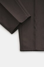 Close-up front view of Brunello Cucinelli Wool Trousers Dark Brown, twill pure new wool, grippy texture, regular fit, slightly tapered, zipper and waistband button, double waistband pleat, side seam pockets, back pockets with flap.