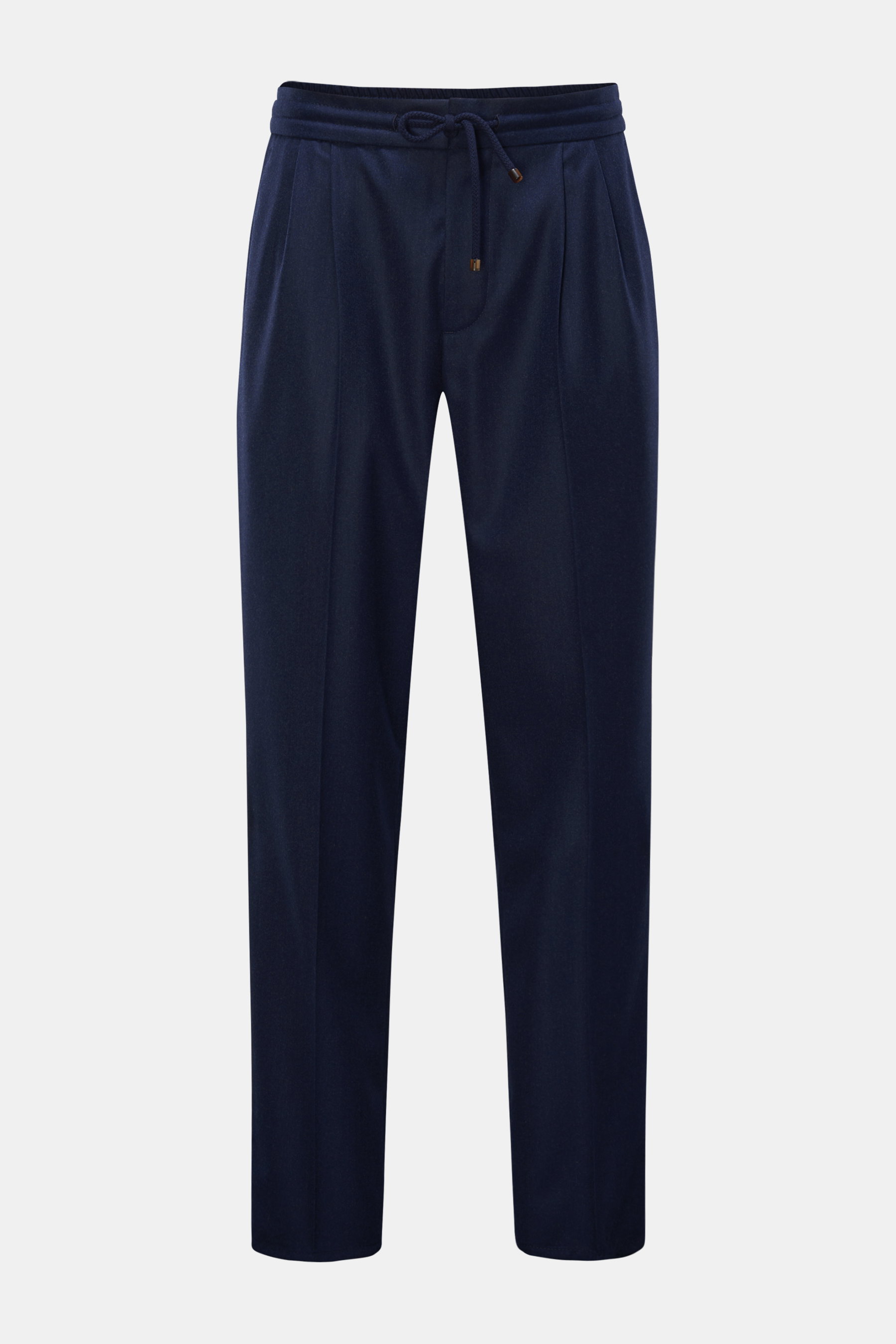 Brunello Cucinelli Woll-Jogpants 'Leisure Fit' navy, frontale Ansicht, reine Schurwolle, glatter Griff, schmal zulaufend, hohe Bundhöhe, kurzer Schnitt, Tunnelzug, Reißverschluss, Bundhaken, doppelte Bundfalte, französische und Leistentaschen.