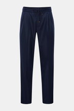 Front view of Brunello Cucinelli Wool jogger pants 'Leisure Fit' navy, pure virgin wool, smooth feel, leisure fit, tapered cut, high waist, short cut, partially elasticated waistband with drawstring, zip and hook fastener, double pleat, French pockets, hi