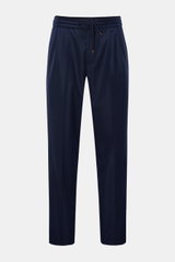 Front view of Brunello Cucinelli Wool jogger pants 'Leisure Fit' navy, pure virgin wool, smooth feel, leisure fit, tapered cut, high waist, short cut, partially elasticated waistband with drawstring, zip and hook fastener, double pleat, French pockets, hi