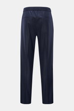 Brunello Cucinelli Wool jogger pants 'Leisure Fit' navy shown from the back, pure virgin wool, smooth feel, leisure fit, tapered cut, high waist, short cut, partially elasticated waistband with drawstring, zip and hook fastener, double pleat, French pocke
