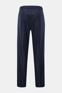 Brunello Cucinelli Wool jogger pants 'Leisure Fit' navy shown from the back, pure virgin wool, smooth feel, leisure fit, tapered cut, high waist, short cut, partially elasticated waistband with drawstring, zip and hook fastener, double pleat, French pocke