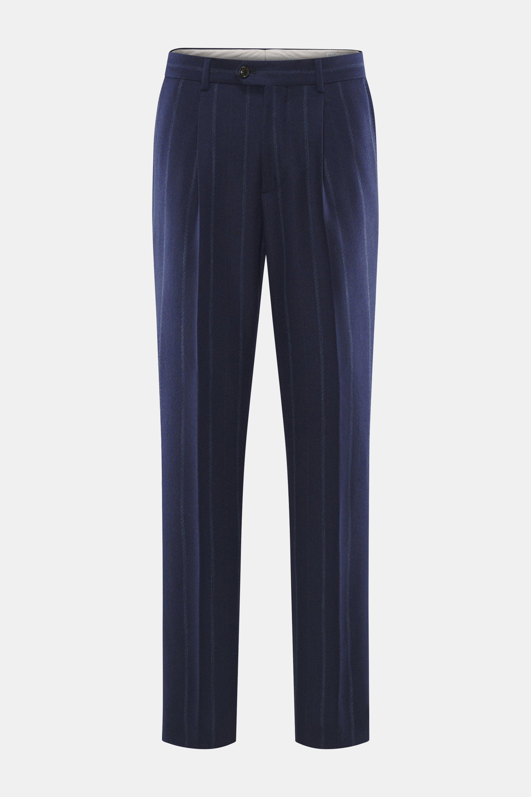 Brunello Cucinelli Wollhose navy gestreift, frontale Nahaufnahme, aus Cashmere-Schurwoll-Mix, mit Bundfalte, Reißverschluss, Taschen, Regular Fit.