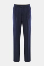 Brunello Cucinelli Wool Trousers Navy Striped front view, made from soft cashmere and virgin wool, pleated, striped, regular fit, with French and welt pockets.