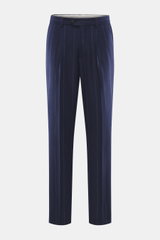 Brunello Cucinelli Wool Trousers Navy Striped front view, made from soft cashmere and virgin wool, pleated, striped, regular fit, with French and welt pockets.