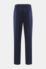 Brunello Cucinelli Wool Trousers Navy Striped shown from the back, made of cashmere and virgin wool with a soft feel, subtle stripes, regular fit, single pleat, French and welt back pockets, zipper and waistband buttons, open length, classic pleated front