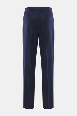 Brunello Cucinelli Wool Trousers Navy Striped shown from the back, made of cashmere and virgin wool with a soft feel, subtle stripes, regular fit, single pleat, French and welt back pockets, zipper and waistband buttons, open length, classic pleated front