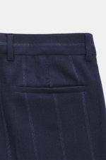 Brunello Cucinelli Wool Trousers Navy Striped shown from the back waist, featuring French welt pockets, subtle stripes, and belt loops.
