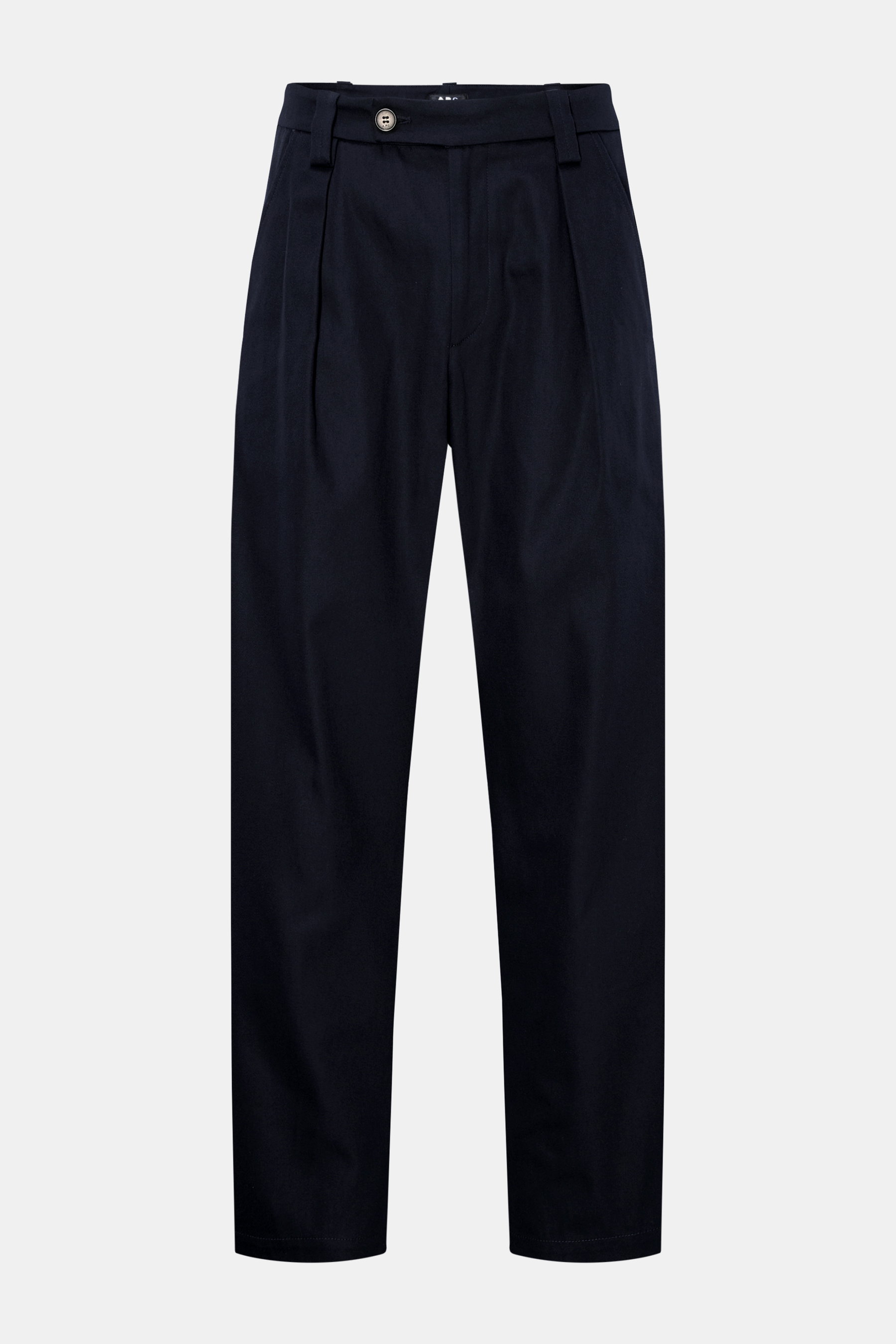 A.P.C. Baumwollhose 'Renato' navy aus Twill, Tapered Fit, Zip Fly, Bundknopf, knöchellang, französische Taschen, frontal fotografiert.