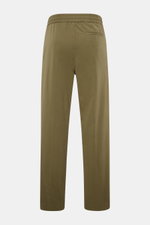 A.P.C. Joggpants 'Pieter' oliv shown from the back, olive green tapered cotton twill joggpants with elastic waistband, side and back pockets, knöchellang length. Sportives Hosenmodell von A.P.C.: mit komfortablem und elastischem Bund aus softem Baumwoll-T