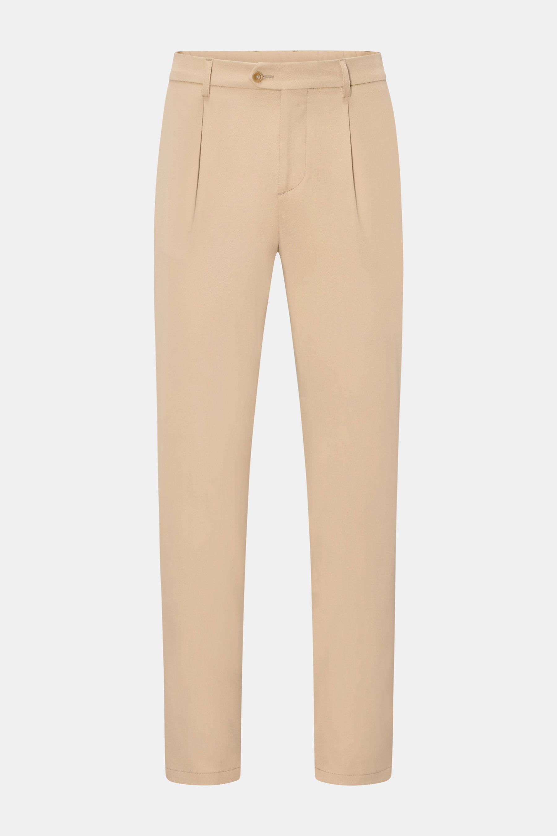 Marco Pescarolo Chinos 'Far' beige, frontale Ansicht, leichte Bundfalte, twill aus Baumwolle-Cashmere, Regular Fit, französische Taschen, soft, Stretch.