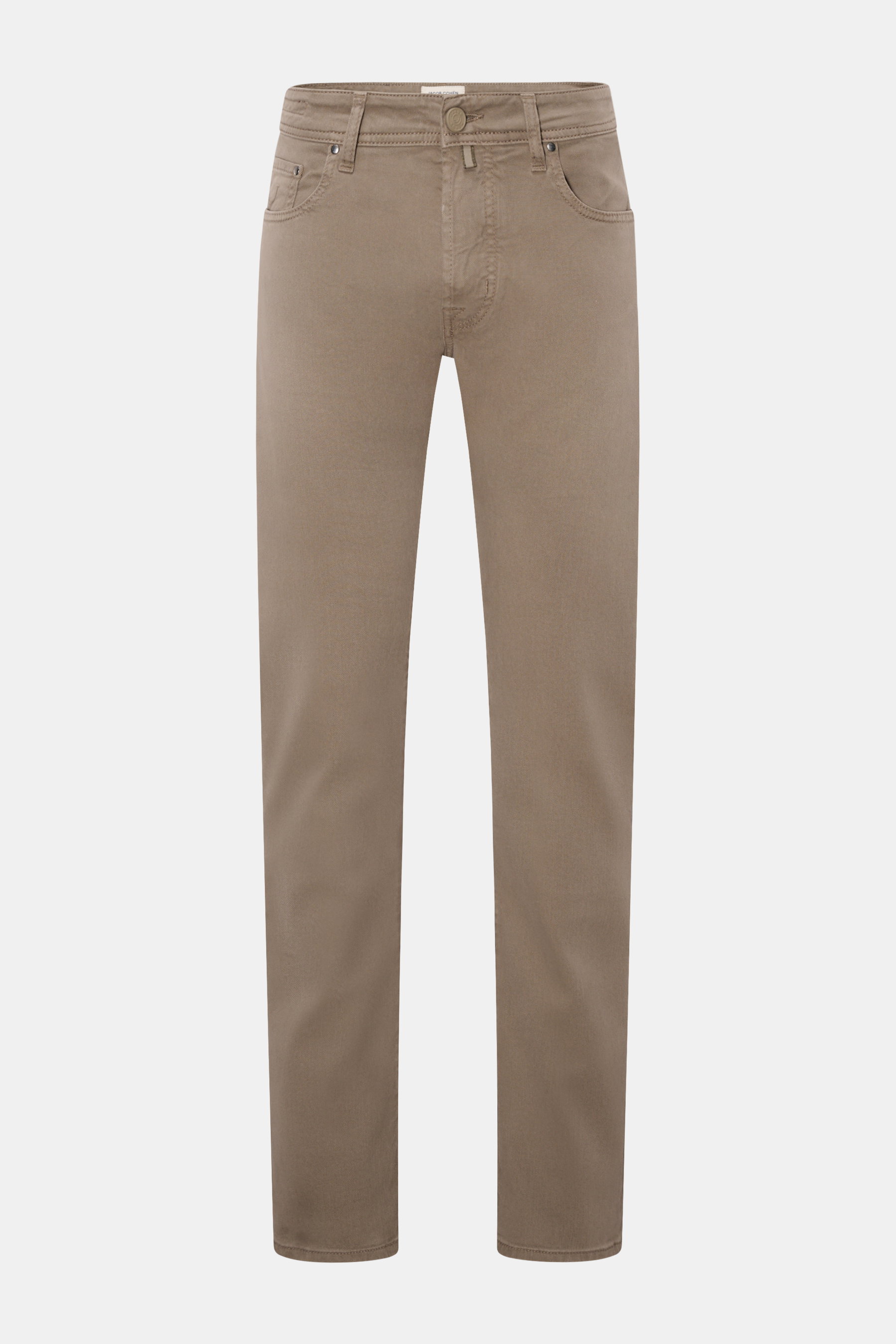 Jacob Cohen Hose 'Bard' taupe, Slim Fit Five-Pocket-Hose aus elastischem Baumwoll-Lyocell-Twill, vorne stehend mit Button Fly und tonalem Stitching.