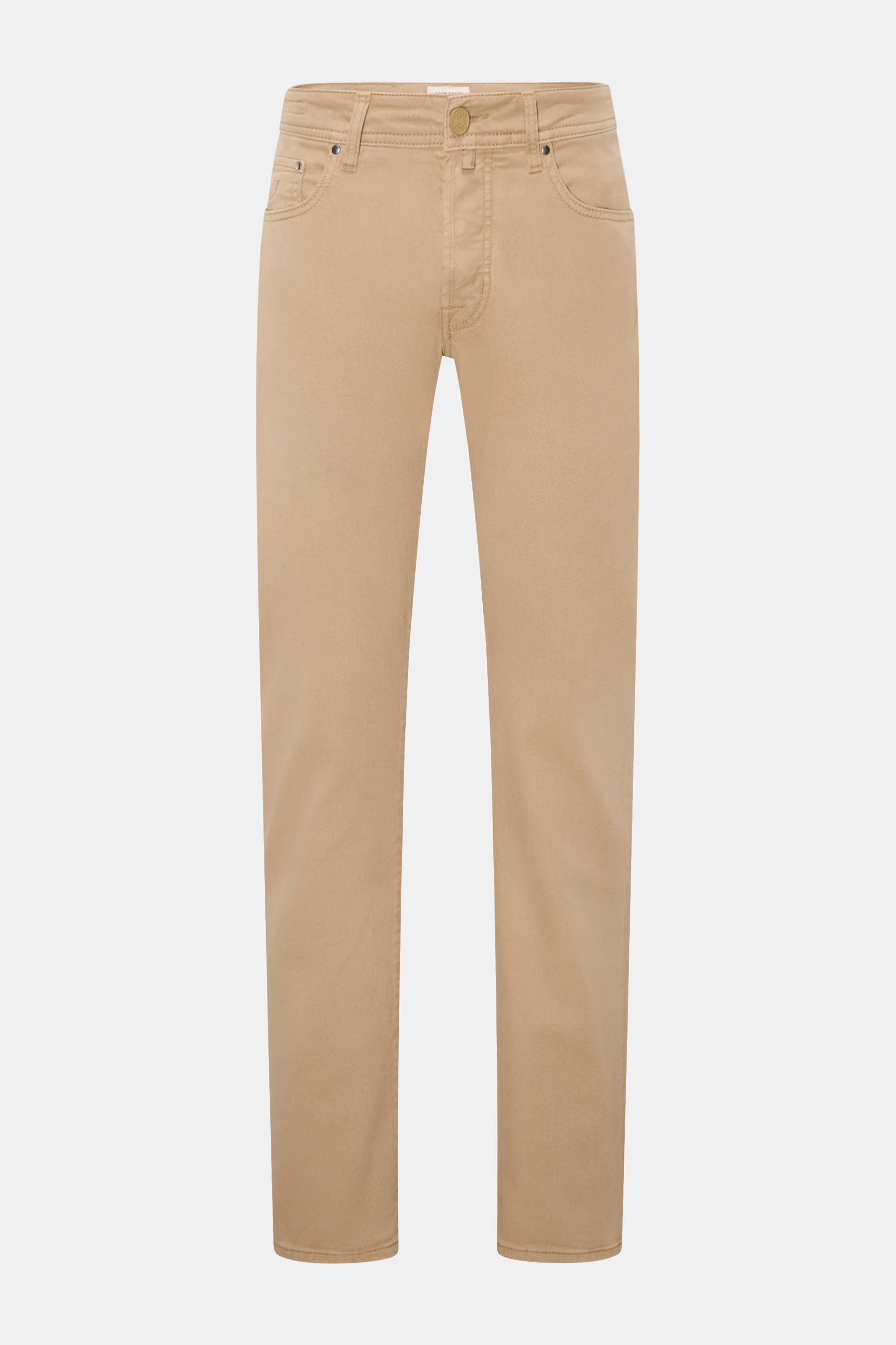 Jacob Cohen Hose 'Bard' beige im Slim Fit, Five-Pocket-Stil mit Button Fly, Münztasche, tonalem Stitching und Lederpatch, frontal fotografiert.