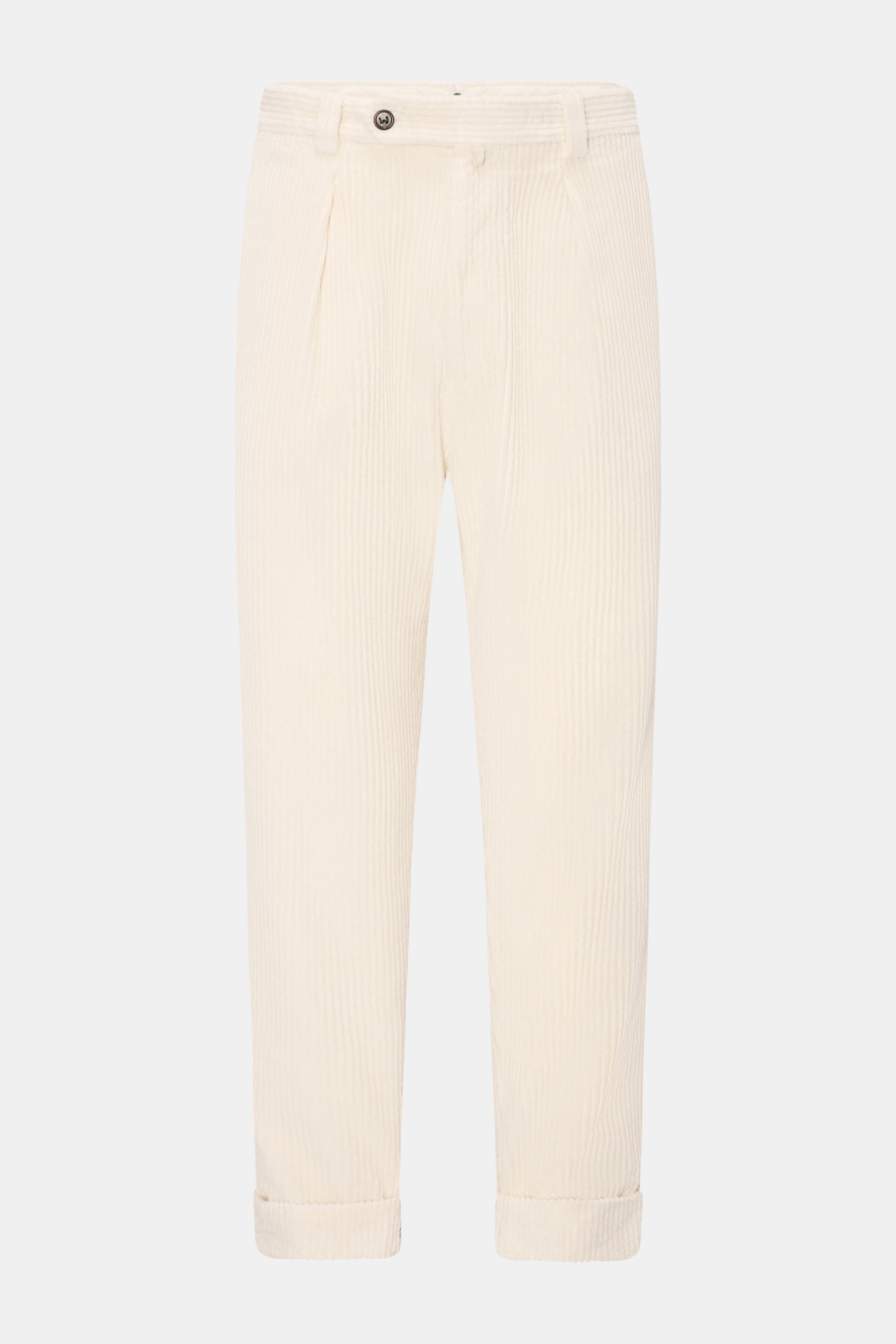 Berwich Cordhose 'Chiaia' creme aus Breitcord, Tapered Fit, knöchellang mit Bundknopf, Reißverschluss, Bundfalte, Taschen, Saumaufschlag, Frontansicht.
